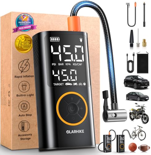 OlarHike Tire Inflator Portable Air Compressor,Cordless Electric Bike Pump | Smart Dual Hose System,Auto Stop Air Pump for Car Tires,Bicycles,Motorcycles with LED Light & Digital Pressure Gauge