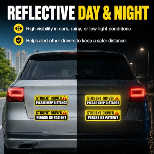 Student Driver Magnet for Car 2 Pack, Large Reflective 10x3.4 in | Please be patient new driver signs, weatherproof, stays on at highway speeds, removes clean, for teen and beginner drivers