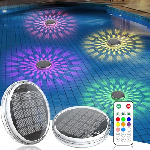 Solar Powered Floating Pool Lights(2 Pack), Pool Lights That Float with Remote Control, 12 Lighting, Timing Mode, IP67 Waterproof for Inground/Above Ground Pool, Pool Party, Bathroom, Bathtub, Garden