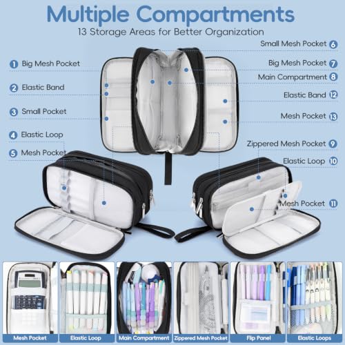 Pencil Case Large Capacity, 3 Compartment Black Big Pen Pouch with Zipper | Durable Stationery Organizer, Portable Marker Pen Bag for Teens, College and High School Students, Adults and Teachers