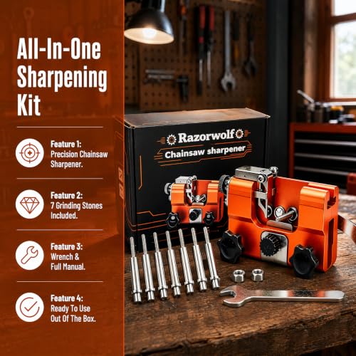 Razorwolf Chainsaw Sharpener, Lightweight Portable Manual Chain Sharpening Tool Includes 7 Grinding Stones, Universal Fit for 4-22 Inch Electric & Gas Chainsaws, Ideal for Garden and Woodworking Tasks