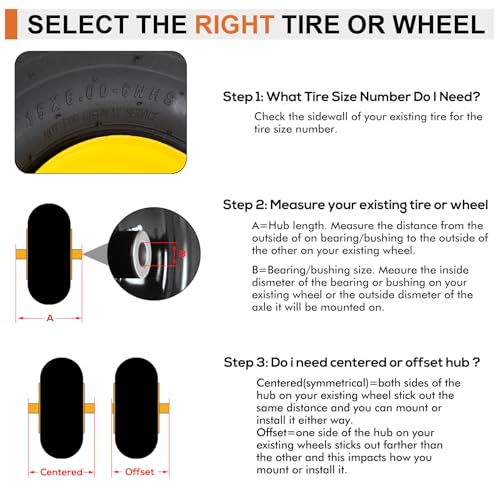2 Pack 15x6.00-6 Lawn Mower Front Tire and Wheel Assembly, Fits John Deere Riding Mowers 100 & 300 Series, 3" Offset Hub, 3/4", 5/8" & 1/2" Bushings