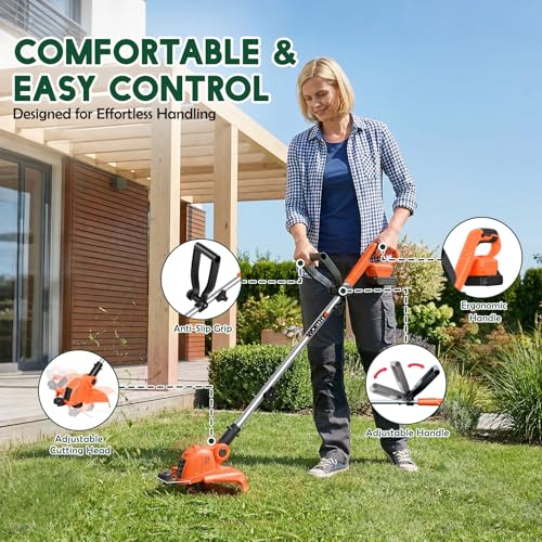 Electric Weed Wacker Cordless Battery Powered String Trimmer Weed Whacker | 21V Grass Trimmer with 2× 2.0Ah Batteries Weedwacker 12" - Low Noise Ergonomic User Friendly Lawn Tool for Small Yard