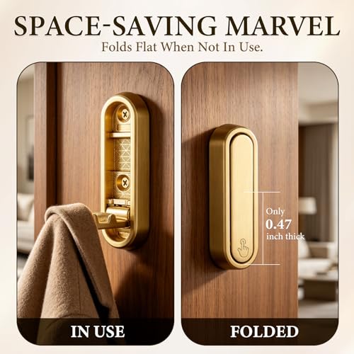 Folding Wall Hooks, 2 Pack Gold Heavy Duty Coat Hooks, Screw Mounted | Zinc Alloy Foldable Hooks, Hold up to 44 lbs, 90° Fold-Down Design for Clothes, Towels, Bags and Keys