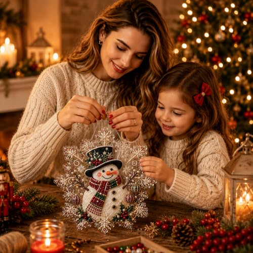 LJSCQF Christmas Pearl Diamond Painting Suncatcher Kit, DIY Craft | Pre-Assembled Metal Chain, Acrylic Snowflake Shape Board with Lace Edge, 3D Mixed-Sized Pearl Beads Craft (Style C, 8IN)
