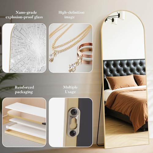 DUMOS 64"x21" Arched Full Length Floor Mirror, Full Body Mirror, Gold | Shatterproof Tempered Glass, Modern Aluminum Alloy Frame, Free Standing or Leaning for Home Decor