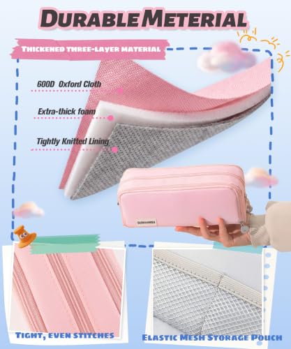 FAHZON Cute Pencil Case, 3 Large Compartments Pencil Pouch, Elastic Pen Slots&Mesh Pockets for Stationery, Pencil Bag for School Supplies with Zipper for Girls Boy Women Teens Adults-Pink