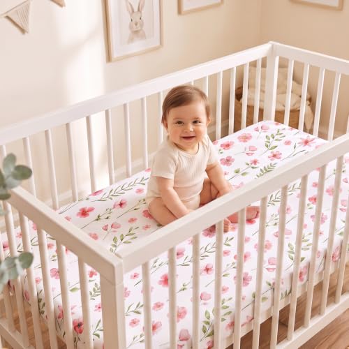 Pack and Play Mattress Sheets Fitted, 3 Pack Mini Crib Sheets | Stretchy Playard playpen Sheet, Compatible with Graco Pack N Play Mattress, Soft and Breathable Material, Pink Floral