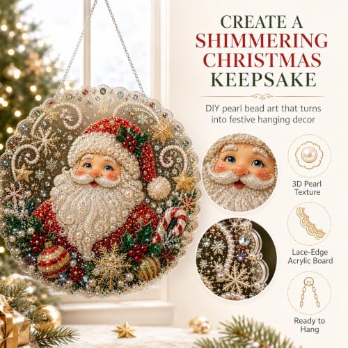 Christmas Pearl Diamond Painting Suncatcher Kit, DIY Craft (#C, 8in) | Pre-Assembled Metal Chain, Acrylic Round Board with Lace Edge, 3D Mixed-Sized Pearl Beads Craft, Festive Window Wall Decor