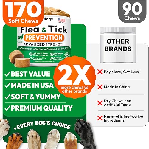 Flea and Tick Prevention for Dogs Pills - 170 Soft Chewables - Natural Dog Flea & Tick Control - Oral Defense Treatment for Dogs Supplement - Vet Formulated Chews - All Breeds & Ages - Made in USA