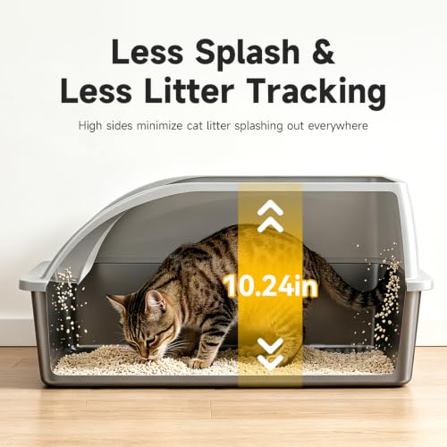 XL Open Top Stainless Steel Litter Box with High Sides,Light Gray | Extra Large Metal Cat Litter Pan , XL Litter Box, Non-Stick Easy Clean Anti-Leak Kitty Litter Pan, Odor Control, Open Top