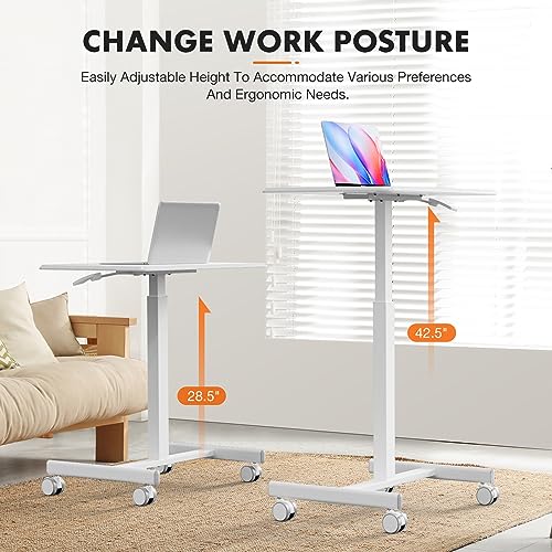 Sweetcrispy Mobile Rolling Desk, Small Standing Desk with Wheels | Adjustable Height Sit Stand Table, Portable Computer Workstations for Home Office, White