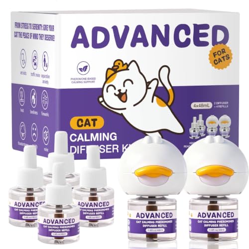 Cat Calming Diffuser Kit with 2 Diffusers & 4 Refills (48mL Each), Cat Pheromones Calming Diffuser for Cat Anxiety Relief, Stress Reduction & Behavior Support, 30-Day Refills, Suitable for All Cats