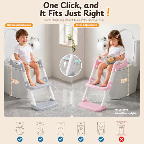 Orzbow Potty Training Seat with Step Stool, Adjustable Height, Anti-Slip | Safety Handles, Comfortable Seat Cushion, Splash Guard for Toddler Boys and Girls, Fits Most Toilets, Foldable Storage, Gray