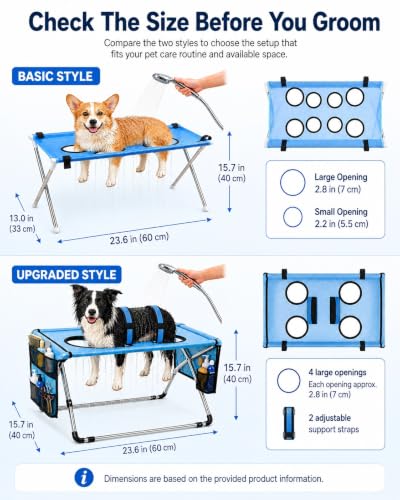 Dog Grooming Hammock Stand, Foldable Dog Bath Holder Sling Shower Chair | Heavy-Duty Pet Bath Stool for Small & Medium Dogs, Home Salon Grooming, Washable Mesh, Joint Support & Restraint(Blue,Base)