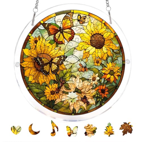 Acrylic Jigsaw Puzzle Suncatcher, Stained Glass Suncatcher Puzzle | Sunflower and Butterfly Sun Catcher Jigsaw Puzzle Window Hanging, Acrylic Puzzles Kit, Mothers Day Birthday Gifts, 7.87 Inch