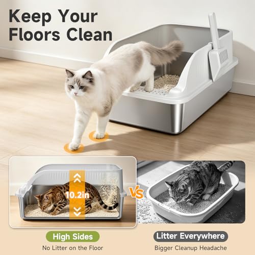 Stainless Steel Cat Litter Box with Lid, XL Metal High Sided Litter Box | Odor Free Open Top Litter Pan Easy Cleaning Anti-Urine Leakage Non-Stick Includes Scoop Light Grey