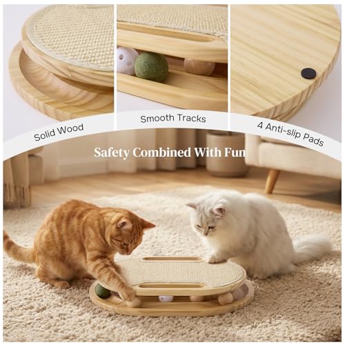 ZOMISIA Cat Scratcher with Ball Track Toy, Sisal Scratch Pad for Indoor Use | Wooden Interactive Cat Puzzle Toys for Adult Cats, Kitten Mental Stimulation Self Play Home Enrichment, Spinning Balls