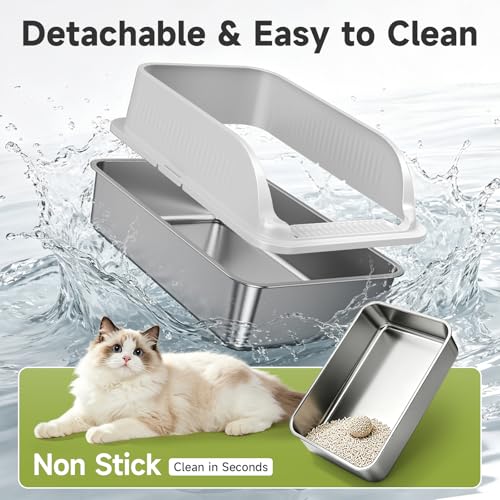 Stainless Steel Cat Litter Box with Lid, XL Metal High Sided Litter Box | Odor Free Open Top Litter Pan Easy Cleaning Anti-Urine Leakage Non-Stick Includes Scoop Light Grey