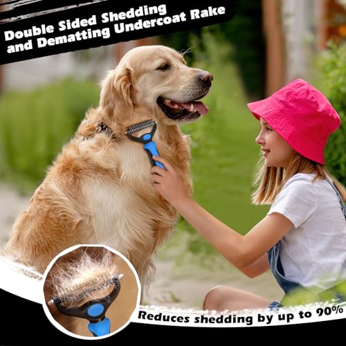 Professional 3PCS Self Cleaning Slicker Brush & Pet Grooming Rake & Flea Comb for Dogs,Cats and Horses | Double-Sided Dematting Comb & Skin Friendly Deshedding Grooming Tool | Pet Supplies (Blue)