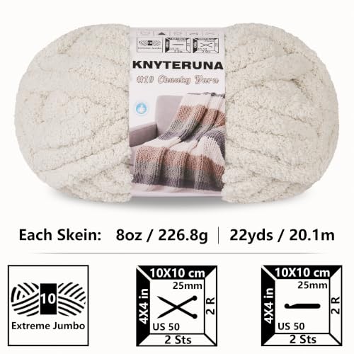 Chunky Yarn for Hand Knitting, #10 Chunky Blanket Chenille Yarn, Large Bulky Thick Jumbo Yarn, Super Chunky Knit Yarn for Crocheting, 8 Skein (8 oz 22 yds Each Skein), Beige White