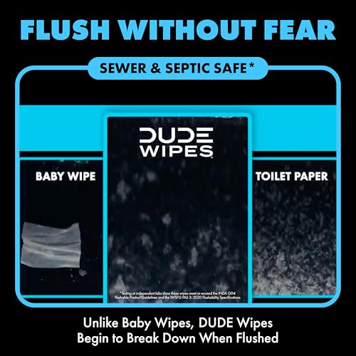 DUDE Wipes Unscented Adult Flushable Wet Wipes, Sensitive Skin, 288 Count | 99% water, extra large flushable butt wipes. Fragrance free, hypoallergenic, vitamin E and aloe. Septic safe. 6 packs of 48.
