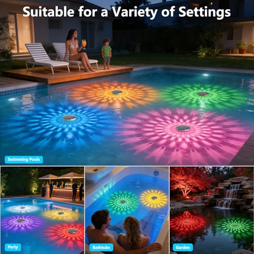 Solar Powered Floating Pool Lights(2 Pack), Pool Lights That Float with Remote Control, 12 Lighting, Timing Mode, IP67 Waterproof for Inground/Above Ground Pool, Pool Party, Bathroom, Bathtub, Garden