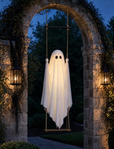 Halloween Decorations Outdoor 3.7FT Pre-Assembled Hanging Swing Ghost | ready-to-hang ghost,remote waterproof lights,stable&adjustable,sturdy–ideal for porches, trees, yards & entryways