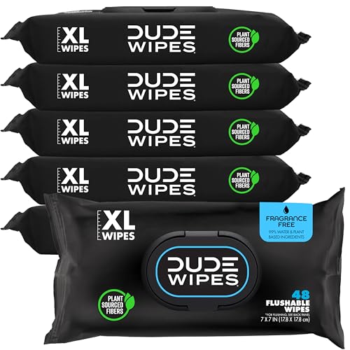DUDE Wipes Unscented Adult Flushable Wet Wipes, Sensitive Skin, 288 Count | 99% water, extra large flushable butt wipes. Fragrance free, hypoallergenic, vitamin E and aloe. Septic safe. 6 packs of 48.