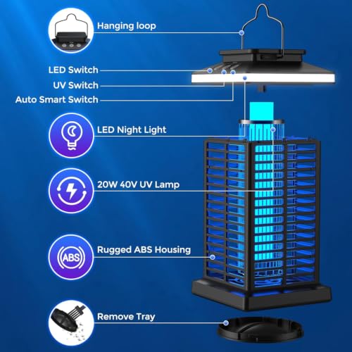 Bug Zapper Outdoor, Mosquito Zapper 3 in 1 Rechargeable Bug Zapper Outdoor with 5000mAh Battery & LED Night Light, 4000V Electric Fly Zapper for Outside,Patio,Backyard,Garden Black 01