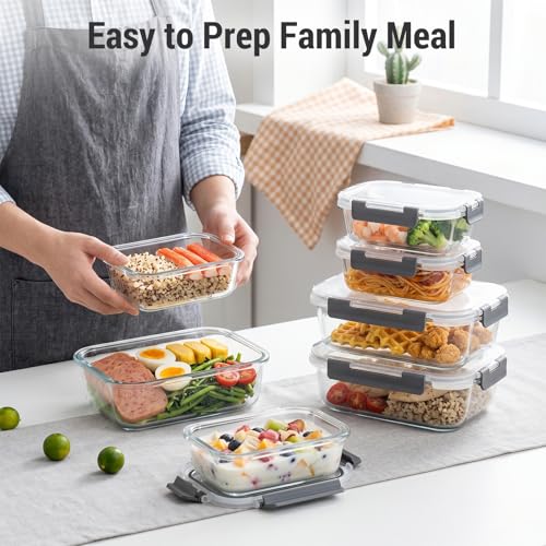Dealusy 10 Sets 36 oz & 12 oz Glass Food Storage Containers with lids, Gray | 20-Piece Airtight Leak-proof Glass Meal Prep Containers with Lids, Microwave Oven Freezer Dishwasher Safe