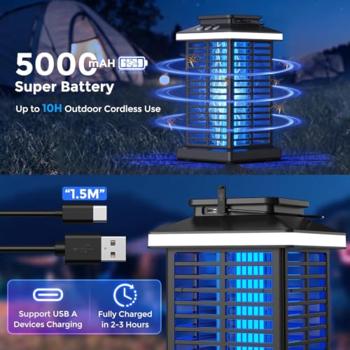 Bug Zapper Outdoor, Mosquito Zapper 3 in 1 Rechargeable Bug Zapper Outdoor with 5000mAh Battery & LED Night Light, 4000V Electric Fly Zapper for Outside,Patio,Backyard,Garden Black 01
