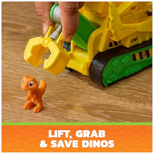 PAW Patrol The Dino Movie Rubble Dino Rescue Bulldozer Toy Truck | 7-Inch Toy Construction Vehicle, Chomping Front Scoop, Articulated Back Claw, Rubble & Dinosaur Figures, Kids Toys Ages 3+