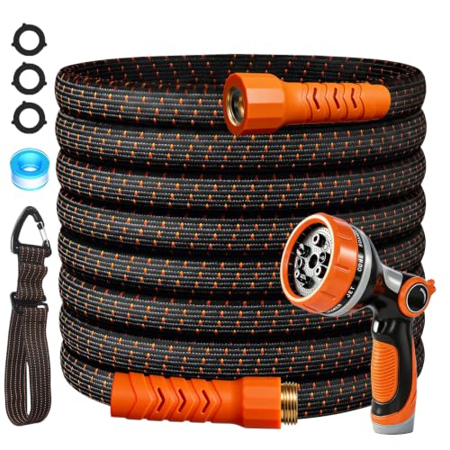 50FT Flexible Garden Hose & 10Modes Nozzle,Lightweight Water Hose,Kink-Free,All-Weather Heavy Duty Hose for RV,Boat,Car Wash,Garden,Yard,Camper,Outdoor (Orange-Black, 50 Feet)