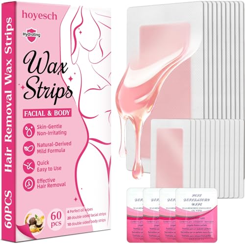 60PCS Wax Strips- 40Facial&20Body Waxing Kit for Women Hair Removal | Wax Strips for Face, Eyebrow, Body, Arms, Legs, Chest, Back, Bikini/Brazilian Waxing Strips & 4 Calming Oil Wipes,Rose