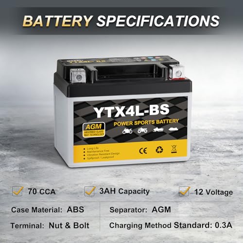YTX4L-BS Motorcycle Battery 12V 3Ah, 70 CCA Sealed AGM Rechargeable Maintenance Free Battery, Replacement for ATV, 50cc Scooter, Dirt Bike