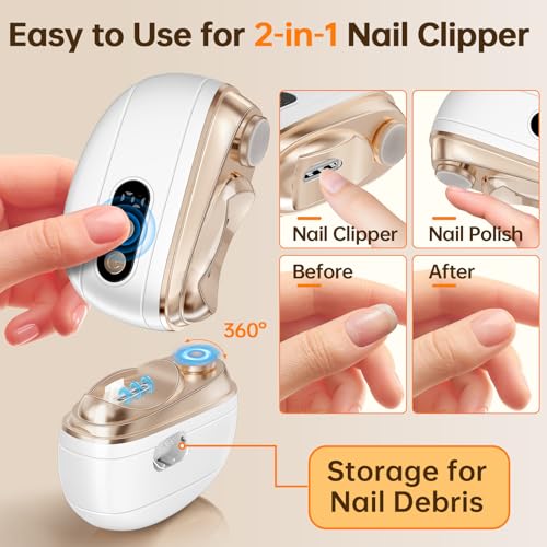 Electric Nail Clipper Upgraded 3 in 1 Rechargeable Automatic Nail Trimmer with LED Light & Clip Storage - USB Rechargeable for Baby, Kids,Seniors, Adults