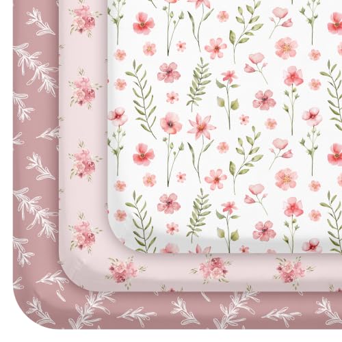 Pack and Play Mattress Sheets Fitted, 3 Pack Mini Crib Sheets | Stretchy Playard playpen Sheet, Compatible with Graco Pack N Play Mattress, Soft and Breathable Material, Pink Floral