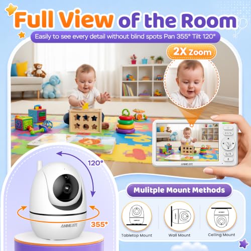 ANMEATE 6" Video Baby Monitor with Camera and Audio No WiFi | 48Hr Battery Life, Remote Pan Tilt Zoom, Thermal Sensor, Two-Way Audio, White Noise, 1000ft Long Range Secure Infant Monitor