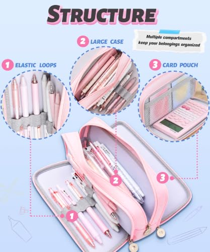 FAHZON Cute Pencil Case, 3 Large Compartments Pencil Pouch, Elastic Pen Slots&Mesh Pockets for Stationery, Pencil Bag for School Supplies with Zipper for Girls Boy Women Teens Adults-Pink