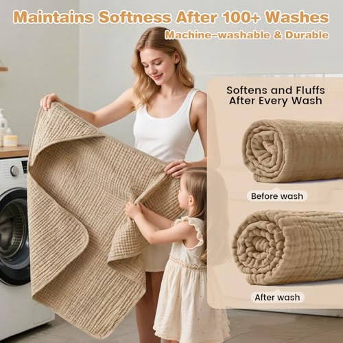 Muslin Hooded Baby Towels 2 Pack, 100% Cotton Baby Bath Towels for Newborn | 6-Layer Muslin Cotton, Ultra Soft & Highly Absorbent, 32x32 Inch, Deep Hood, Newborn to Toddler, Neutral Unisex