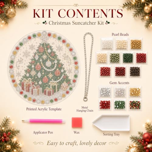 AYTHSRIC Christmas Pearl Diamond Painting Suncatcher Kit, Acrylic DIY Diamond and Pearl Art Painting, Christmas Diamond Painting Hanging Pendant, 3D Mixed-Sized Pearl Beads Craft (Style 7, 8×8in)