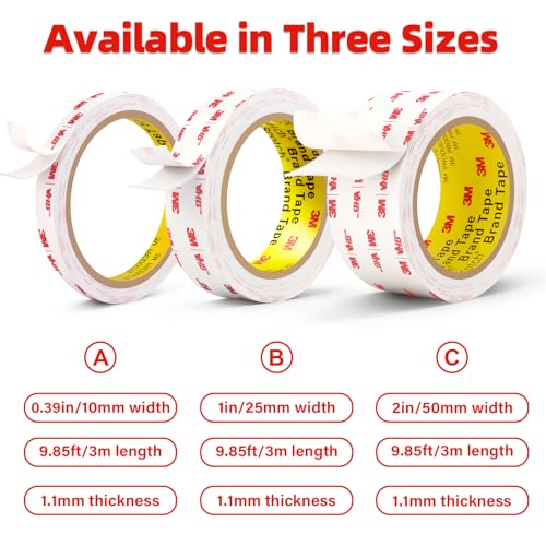 3M Double Sided Tape,1in X 9.85ft Heavy Duty Removable Mounting Tape | White Sticky Foam Tape for Wall, Picture Hanging Strips, Poster Hanger, Waterproof Adhesive Strips for LED Light