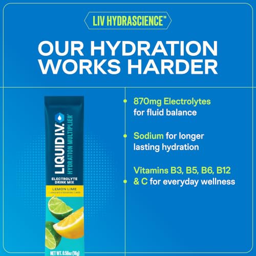 Liquid I.V. Hydration Electrolytes, Lemon Lime, 16 Count | Scientifically Formulated | Clinically Proven Hydration | No Artificial Sweeteners | Non-GMO | Vegan | Powder Drink Mix