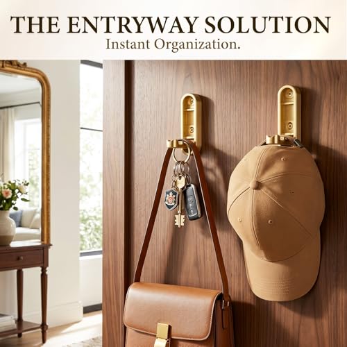 Folding Wall Hooks, 2 Pack Gold Heavy Duty Coat Hooks, Screw Mounted | Zinc Alloy Foldable Hooks, Hold up to 44 lbs, 90° Fold-Down Design for Clothes, Towels, Bags and Keys