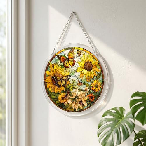 Acrylic Jigsaw Puzzle Suncatcher, Stained Glass Suncatcher Puzzle | Sunflower and Butterfly Sun Catcher Jigsaw Puzzle Window Hanging, Acrylic Puzzles Kit, Mothers Day Birthday Gifts, 7.87 Inch