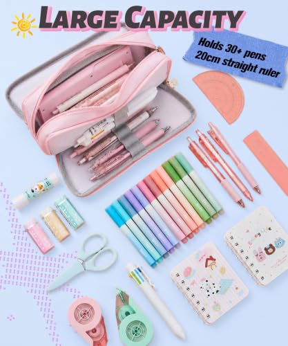 FAHZON Cute Pencil Case, 3 Large Compartments Pencil Pouch, Elastic Pen Slots&Mesh Pockets for Stationery, Pencil Bag for School Supplies with Zipper for Girls Boy Women Teens Adults-Pink