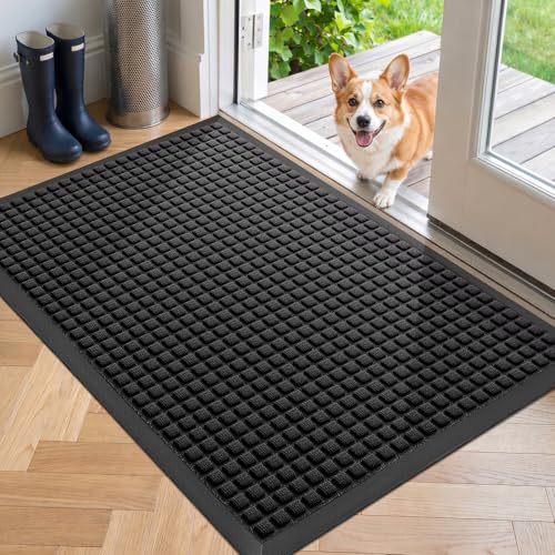 Front Door Mat Outside Entrance, Heavy Duty Waterproof Doormat | 29.5"x17" Indoor/Outdoor Dirt Trapper with Non-Slip Rubber Backing, Low Profile Easy Clean, Stain & Fade Resistant Black