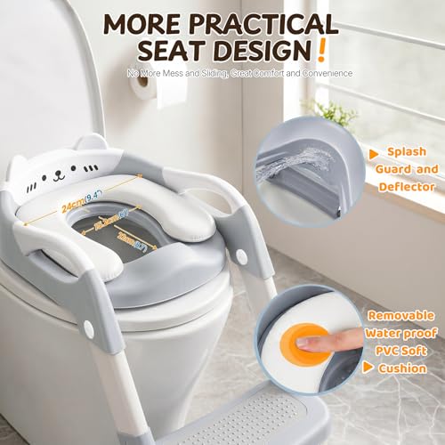 Orzbow Potty Training Seat with Step Stool, Adjustable Height, Anti-Slip | Safety Handles, Comfortable Seat Cushion, Splash Guard for Toddler Boys and Girls, Fits Most Toilets, Foldable Storage, Gray