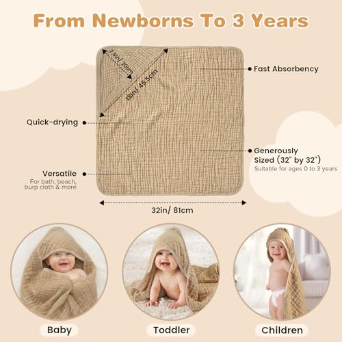 Muslin Hooded Baby Towels 2 Pack, 100% Cotton Baby Bath Towels for Newborn | 6-Layer Muslin Cotton, Ultra Soft & Highly Absorbent, 32x32 Inch, Deep Hood, Newborn to Toddler, Neutral Unisex